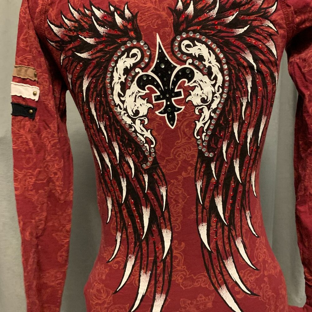 Rebel Spirit - Red Filigree long sleeve top with hood and wing decal - Size S